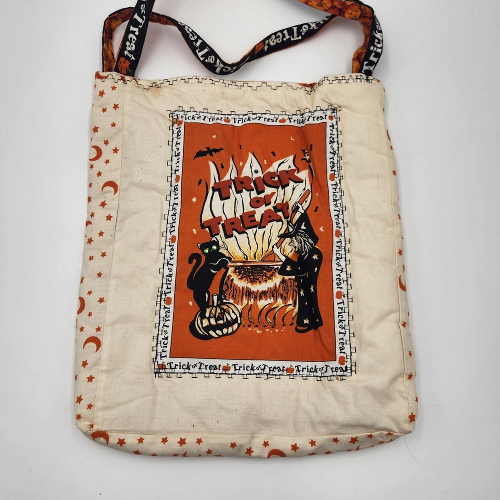 VTG Handmade Halloween Trick or Treat Tote Bag Witch Cat Pumpkin Reversible